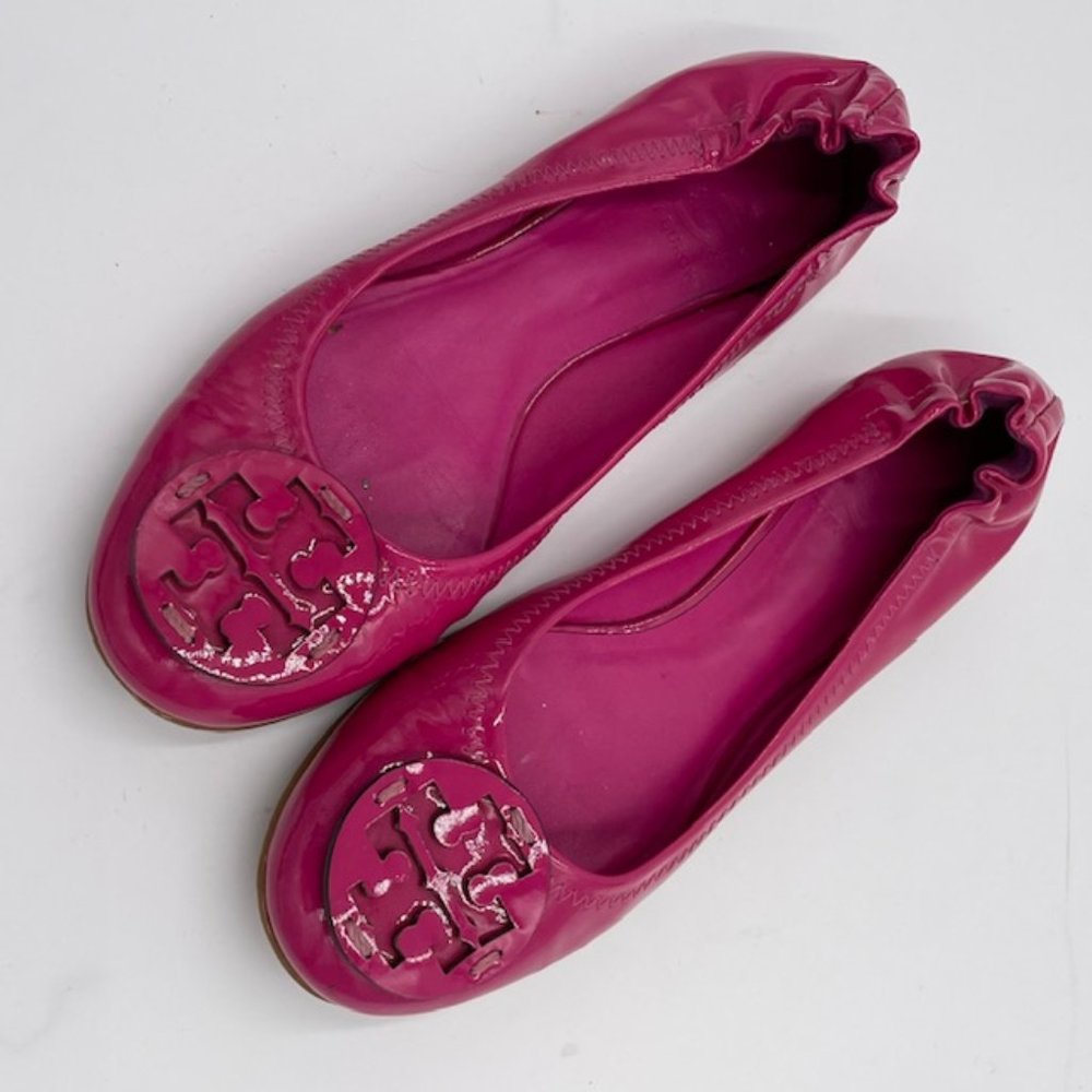 Tory Burch Bright Pink Patent Reva Flats